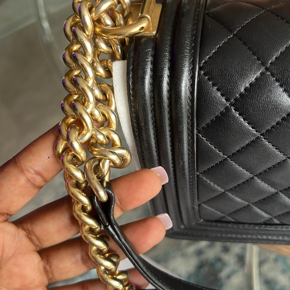 Authentic black Chanel medium gold chain bag. Normal scratch and wear. - Picture 5 of 12